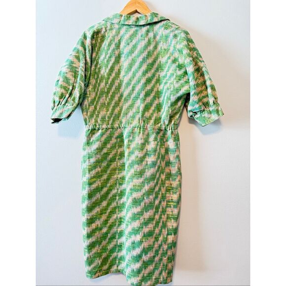 Vintage Fiandaca Couturier 8 Knee Length Dress Green Gold Ikat Zig Zag 60's Mod - Picture 11 of 16